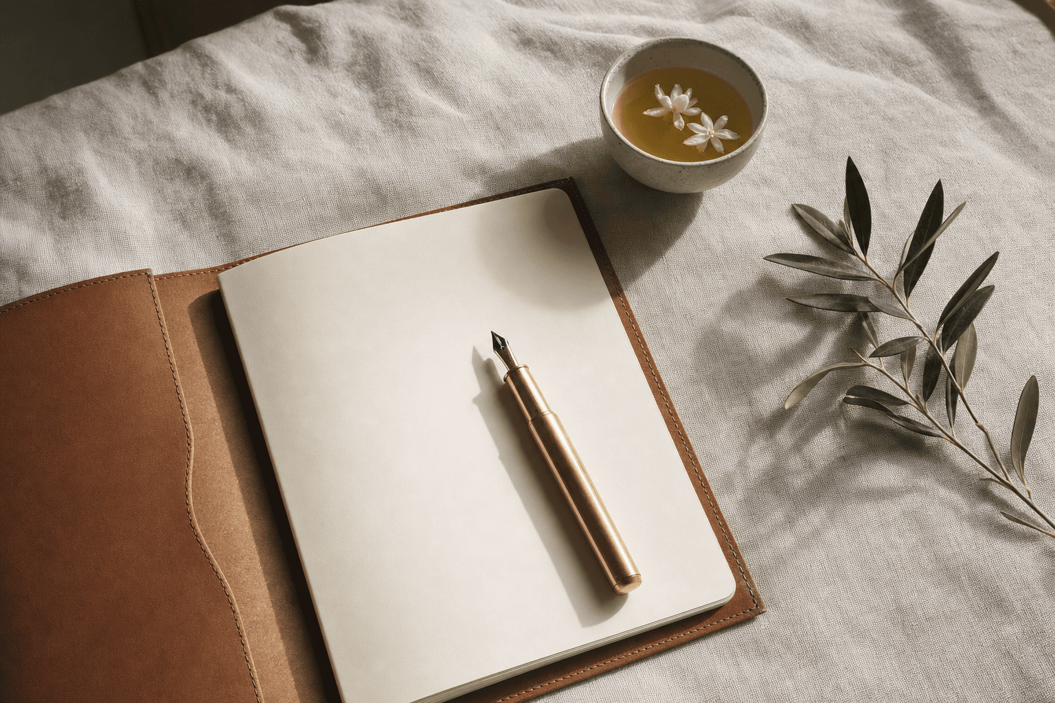 Editorial flatlay — leather portfolio, fountain pen, jasmine tea